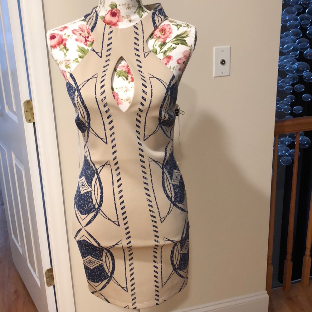 Geometric mini beige and deep purple dress